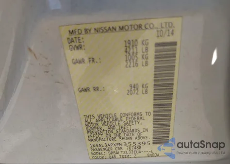 2015 Nissan Altima 2.5 Sl from USA, damaged, VIN 1N4AL3APXFN355395